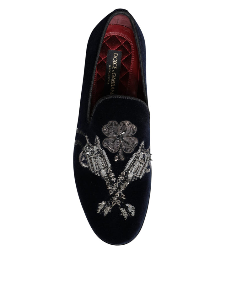 Men’s Dolce &amp; Gabbana Black Velvet Floral Gun Loafers Dress Shoes