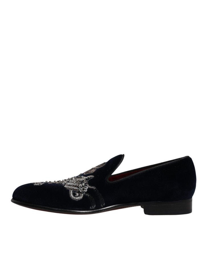 Men’s Dolce &amp; Gabbana Black Velvet Floral Gun Loafers Dress Shoes