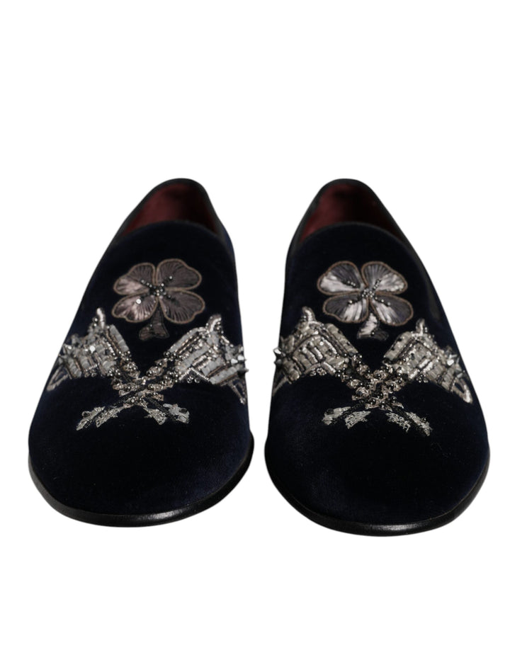 Men’s Dolce &amp; Gabbana Black Velvet Floral Gun Loafers Dress Shoes