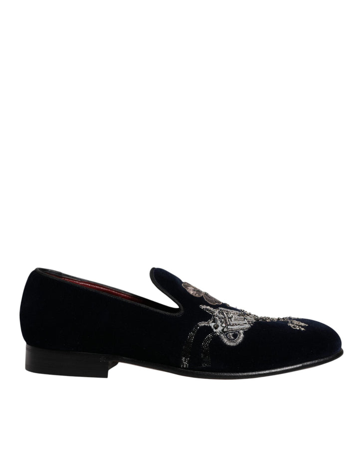 Men’s Dolce &amp; Gabbana Black Velvet Floral Gun Loafers Dress Shoes