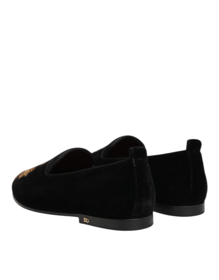 Men’s Dolce &amp; Gabbana Black Velvet Gold Crown Mens Loafers Shoes