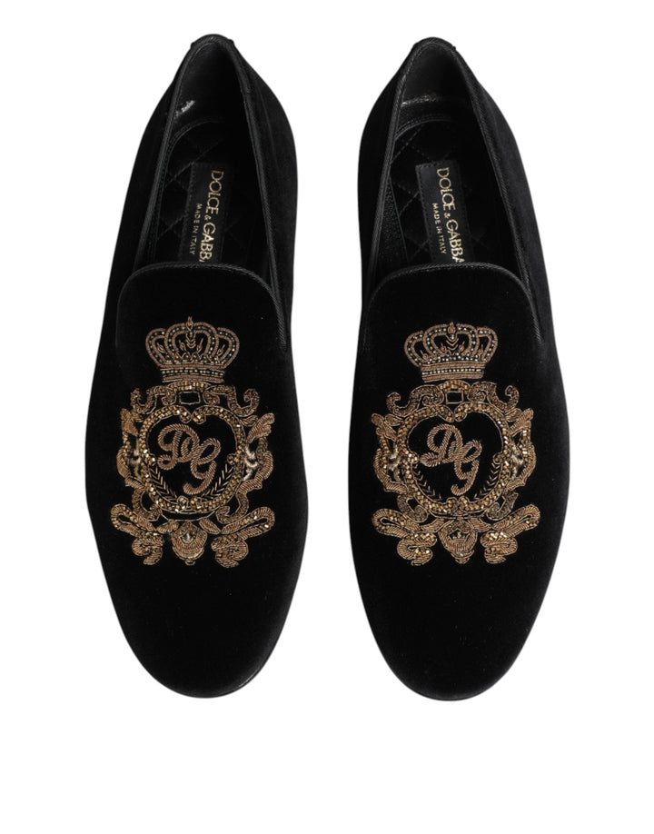Men’s Dolce &amp; Gabbana Black Velvet Gold Crown Mens Loafers Shoes