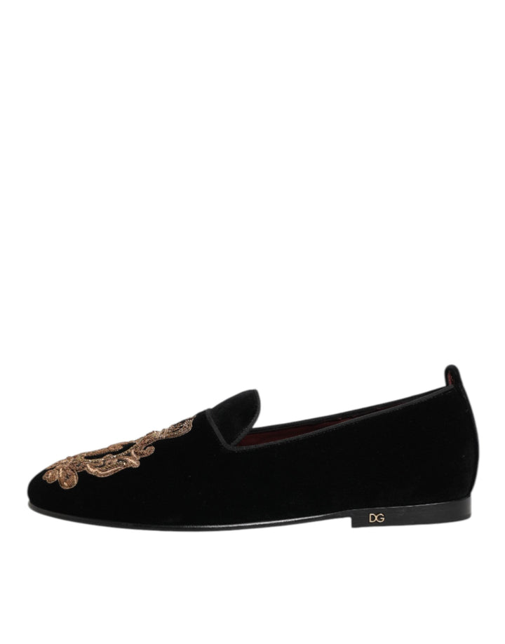 Men’s Dolce &amp; Gabbana Black Velvet Gold Crown Mens Loafers Shoes