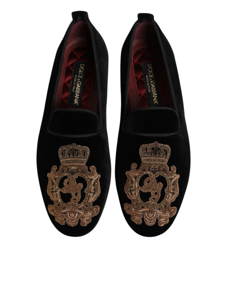 Men’s Dolce &amp; Gabbana Black Velvet Gold Crown Mens Loafers Shoes