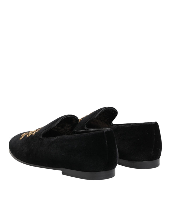 Men’s Dolce &amp; Gabbana Black Velvet Gold Crown Mens Loafers Shoes