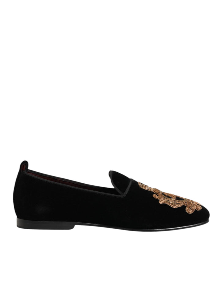 Men’s Dolce &amp; Gabbana Black Velvet Gold Crown Mens Loafers Shoes