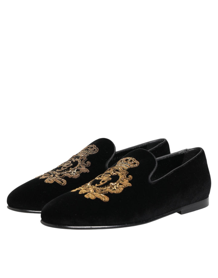 Men’s Dolce &amp; Gabbana Black Velvet Gold Crown Mens Loafers Shoes