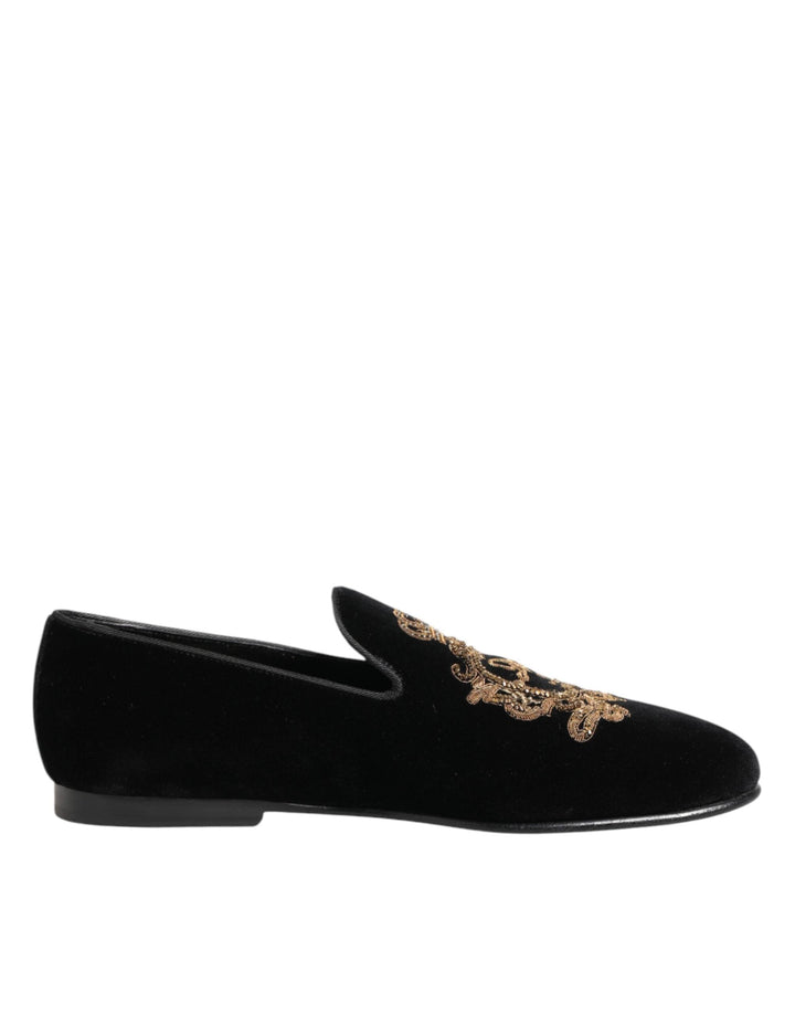 Men’s Dolce &amp; Gabbana Black Velvet Gold Crown Mens Loafers Shoes