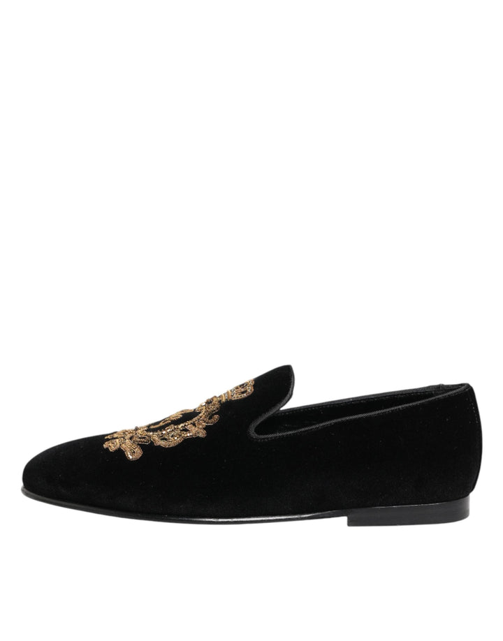 Men’s Dolce &amp; Gabbana Black Velvet Gold Crown Mens Loafers Shoes