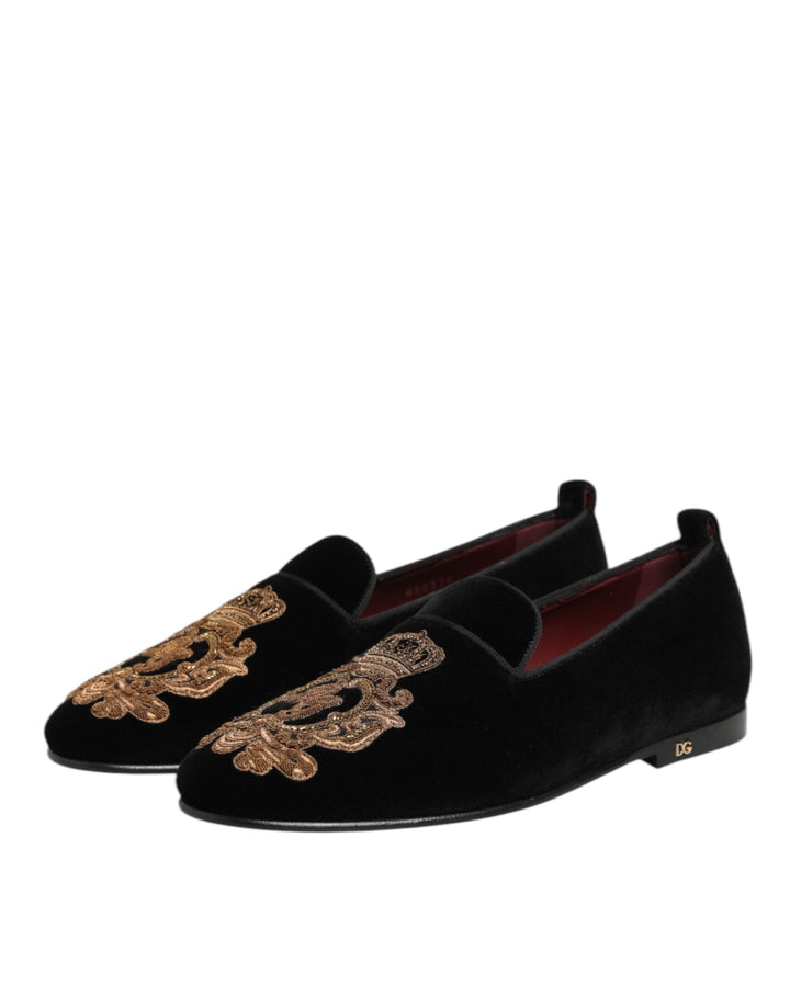 Men’s Dolce &amp; Gabbana Black Velvet Gold Crown Mens Loafers Shoes