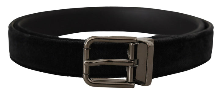 Dolce &amp; Gabbana Black Velvet Silver Tone Logo Metal Buckle Belt