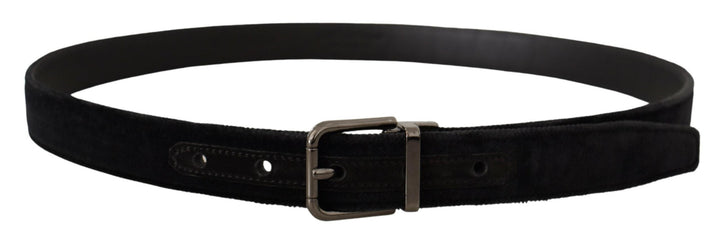 Dolce &amp; Gabbana Black Velvet Silver Tone Logo Metal Buckle Belt