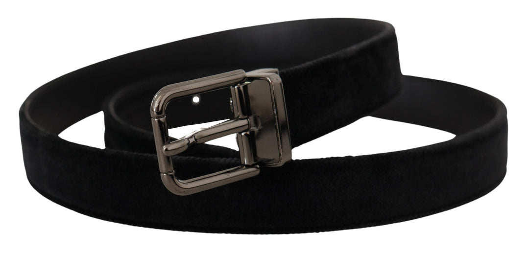 Dolce &amp; Gabbana Black Velvet Silver Tone Logo Metal Buckle Belt