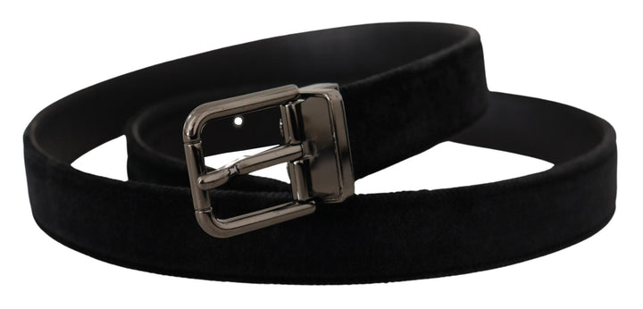 Dolce &amp; Gabbana Black Velvet Silver Tone Logo Metal Buckle Belt