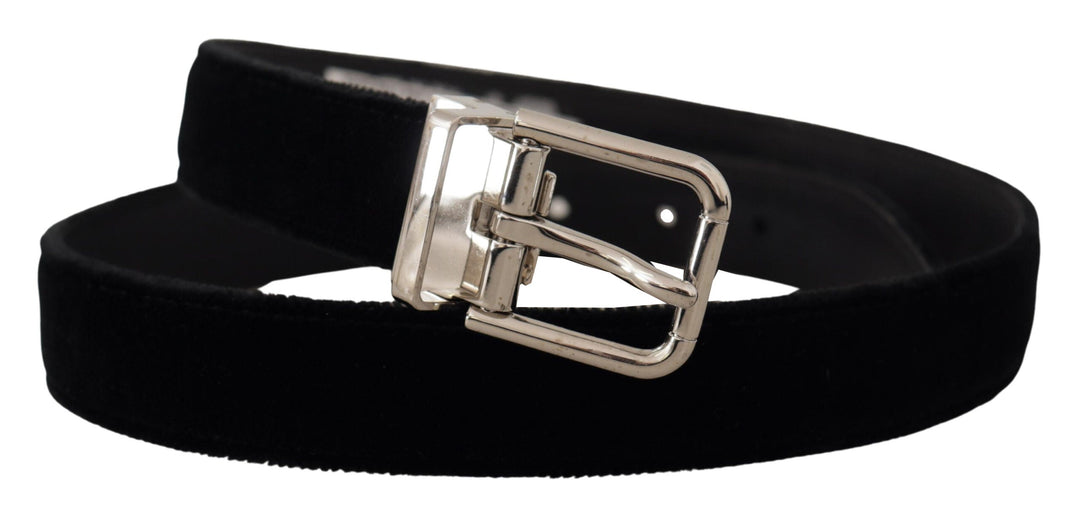 Dolce &amp; Gabbana Black Velvet Silver Tone Metal Logo Buckle Belt