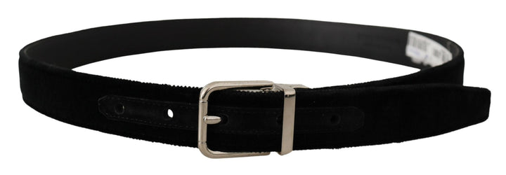 Dolce &amp; Gabbana Black Velvet Silver Tone Metal Logo Buckle Belt