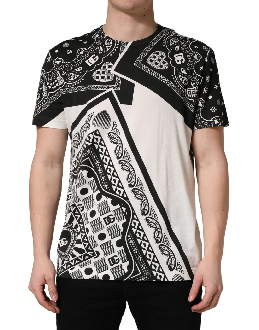 Dolce &amp; Gabbana Black White Bandana Cotton Crew Neck T-shirt