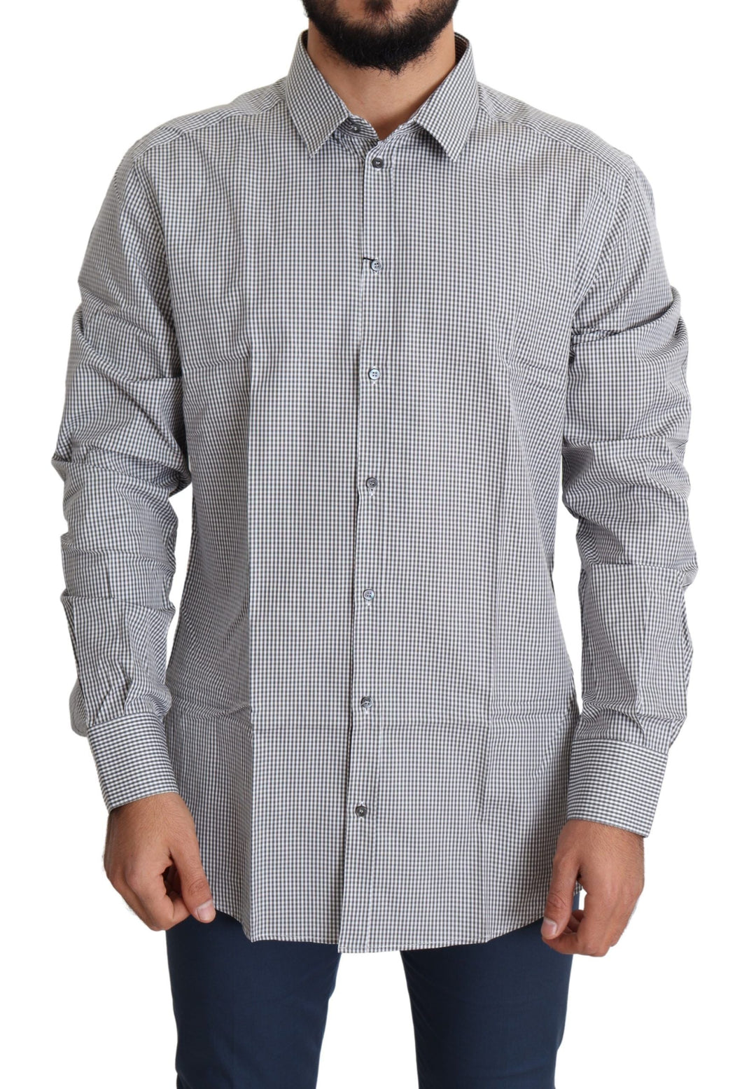 Men’s Dolce &amp; Gabbana Black White Checkered Gold Dress Cotton Shirt
