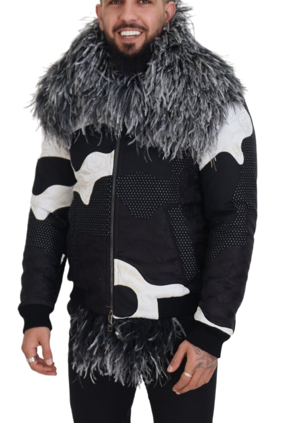 Men’s Dolce &amp; Gabbana Black White Fur Shearling Full Zip Jacket