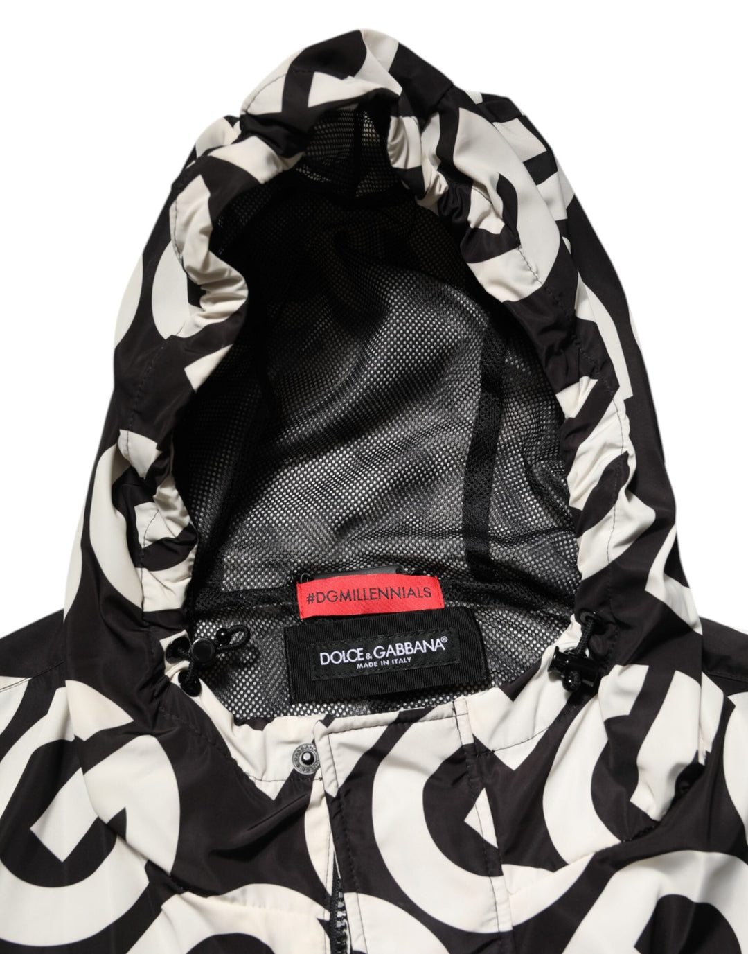 Men’s Dolce &amp; Gabbana Black White Logo Print Hooded Coat Men Jacket