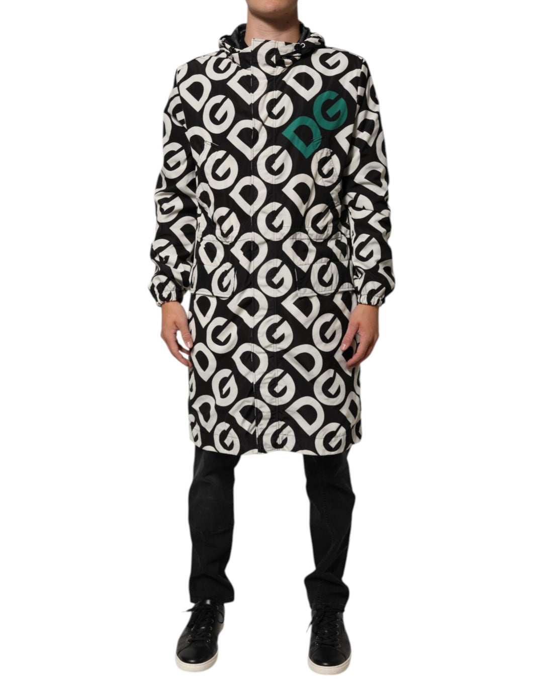 Men’s Dolce &amp; Gabbana Black White Logo Print Hooded Coat Men Jacket