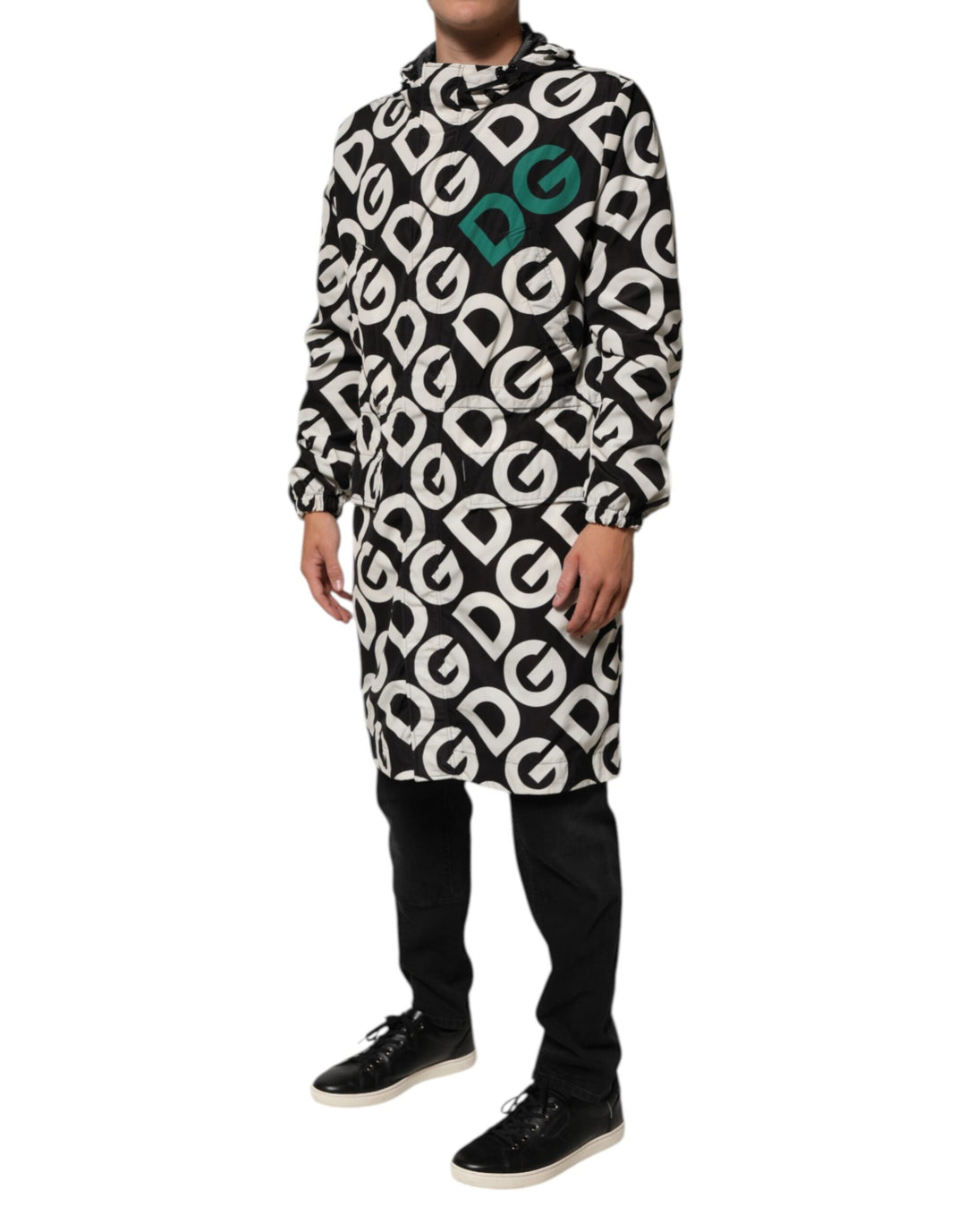 Men’s Dolce &amp; Gabbana Black White Logo Print Hooded Coat Men Jacket