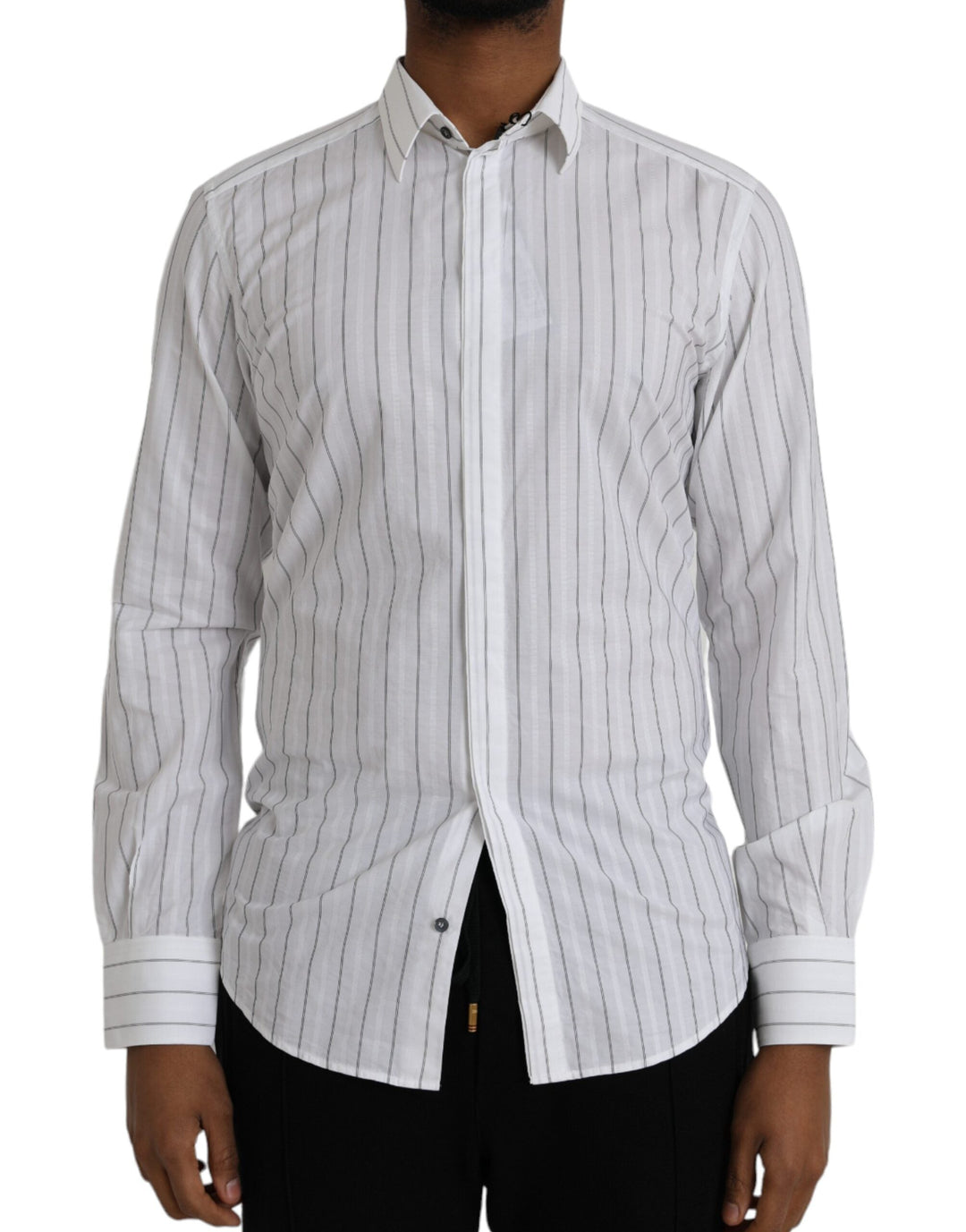 Dolce &amp; Gabbana Black White Striped Formal Dress Gold Shirt