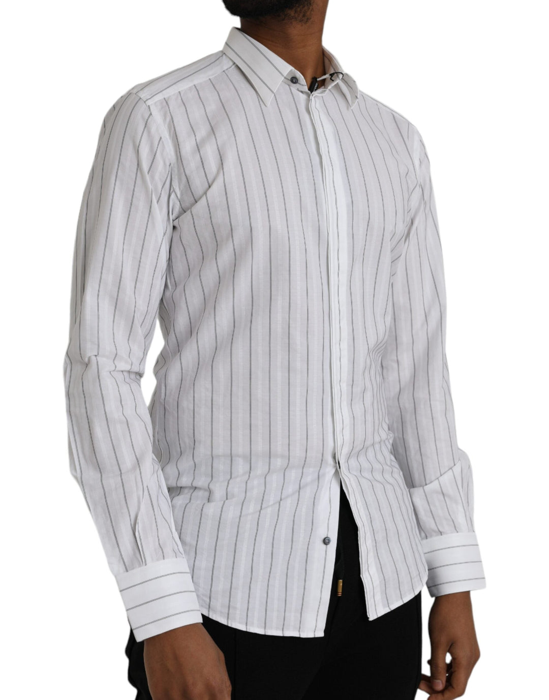 Dolce &amp; Gabbana Black White Striped Formal Dress Gold Shirt