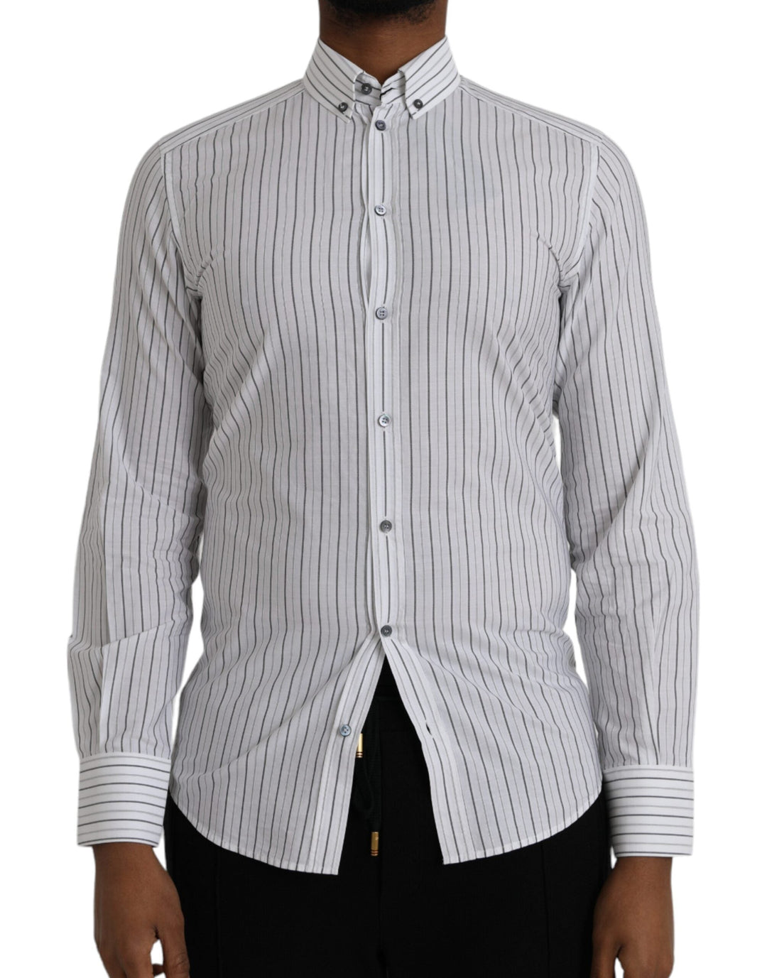 Dolce &amp; Gabbana Black White Striped Formal Dress Gold Shirt