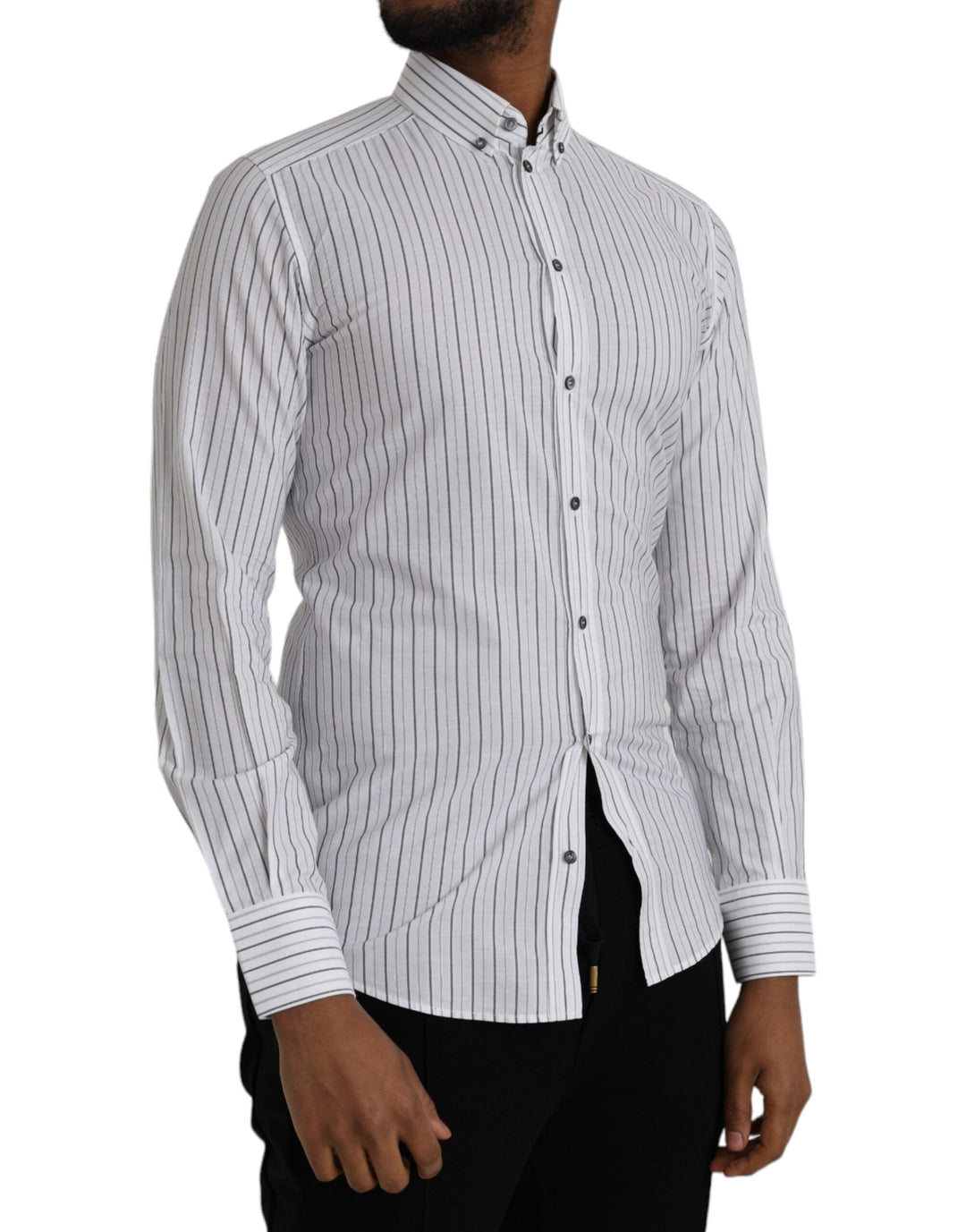 Dolce &amp; Gabbana Black White Striped Formal Dress Gold Shirt