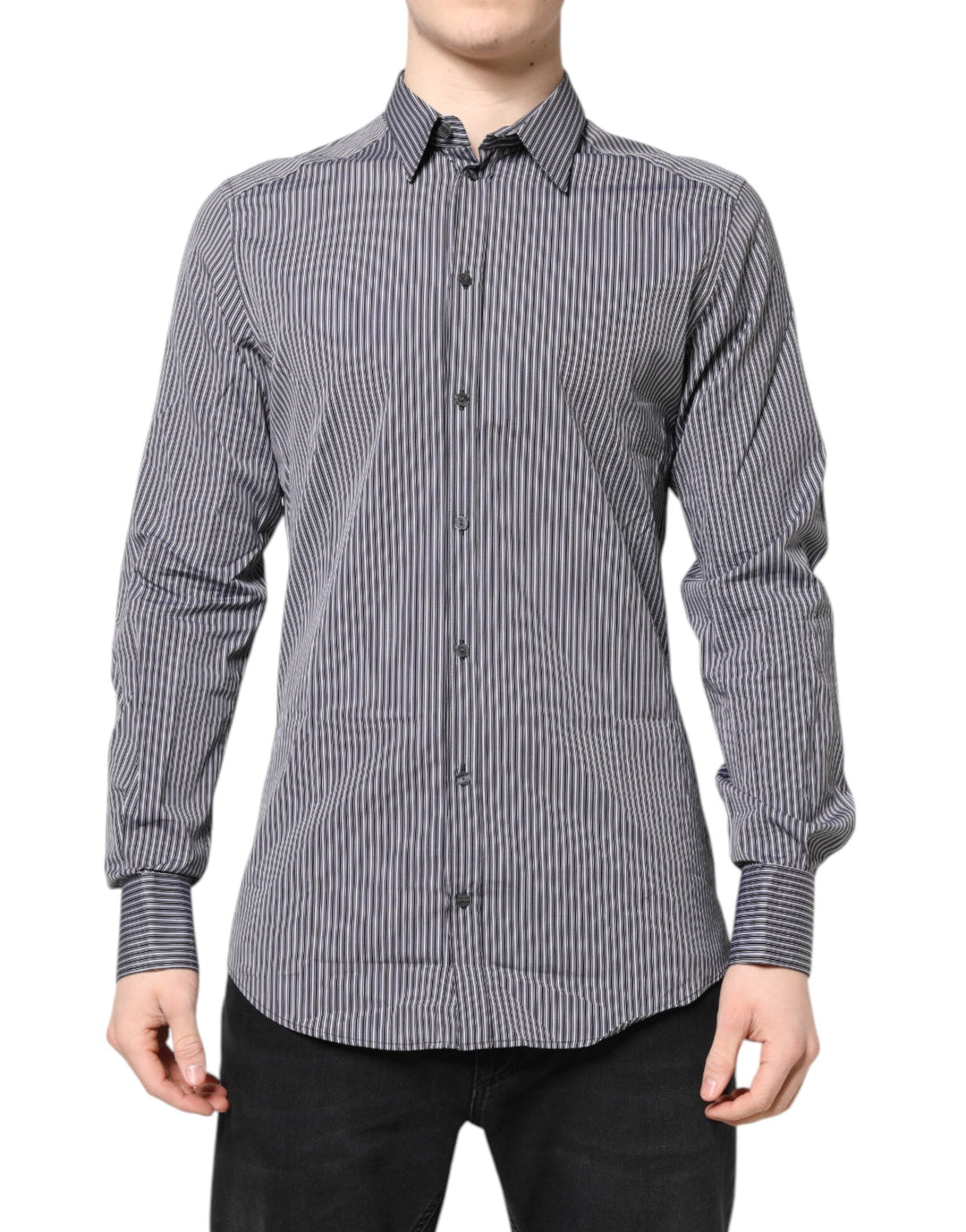 Men’s Dolce &amp; Gabbana Black White Striped Gold Formal Dress Shirt