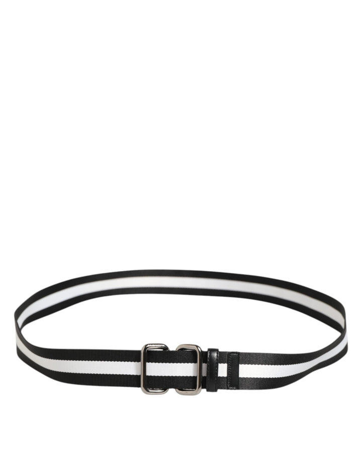 Dolce &amp; Gabbana Black White Striped Logo Metal Buckle Belt