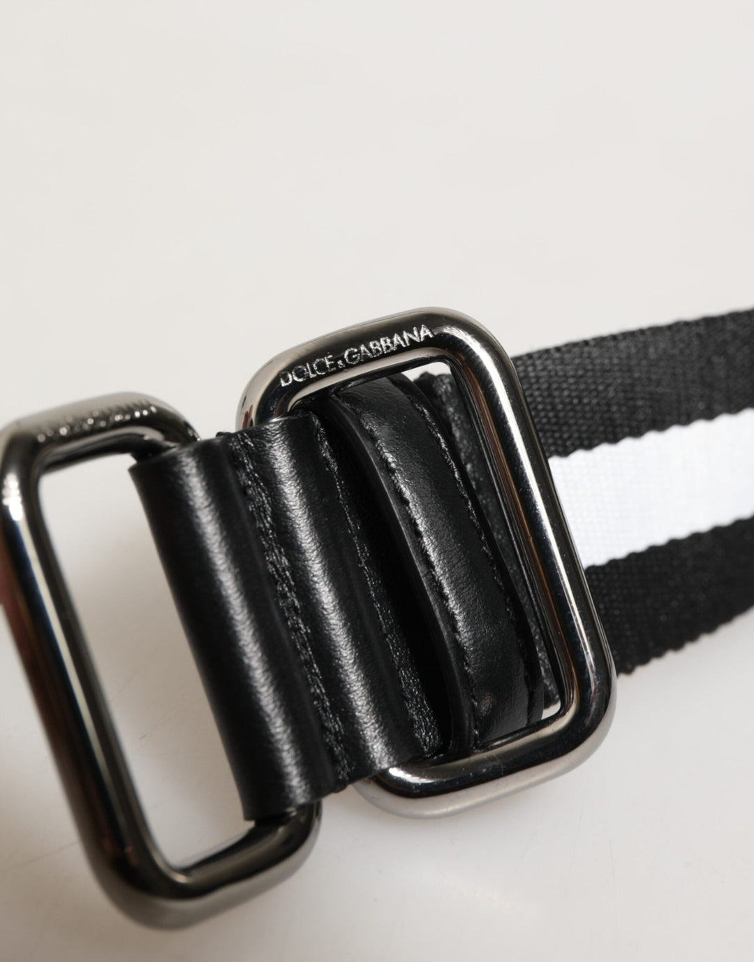 Dolce &amp; Gabbana Black White Striped Logo Metal Buckle Belt