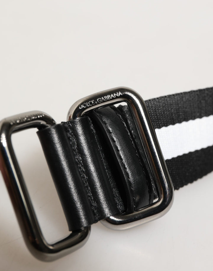 Dolce &amp; Gabbana Black White Striped Logo Metal Buckle Belt