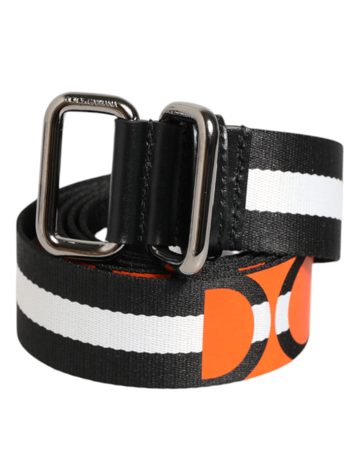 Dolce &amp; Gabbana Black White Striped Logo Metal Buckle Belt