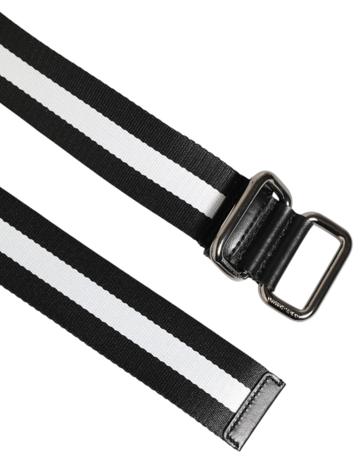 Dolce &amp; Gabbana Black White Striped Logo Metal Buckle Belt