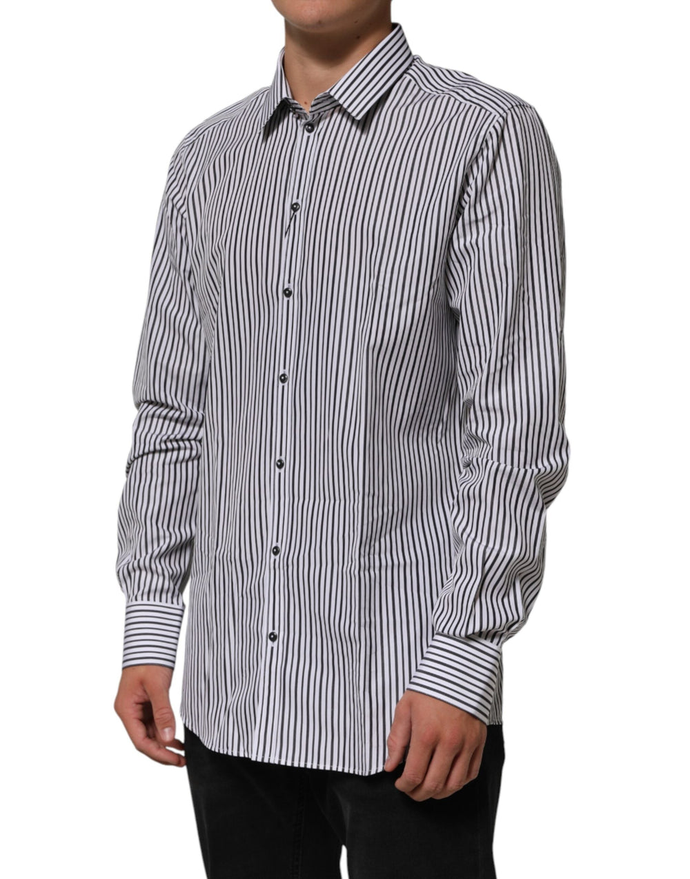 Dolce & Gabbana Black White Stripes Men Gold Dress Shirt