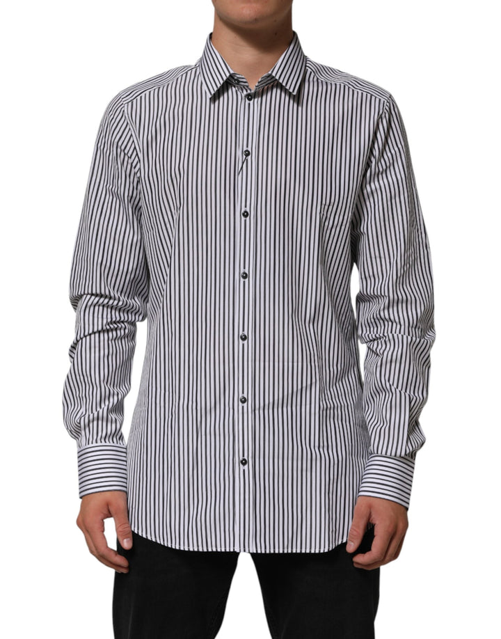 Dolce &amp; Gabbana Black White Stripes Men Gold Dress Shirt