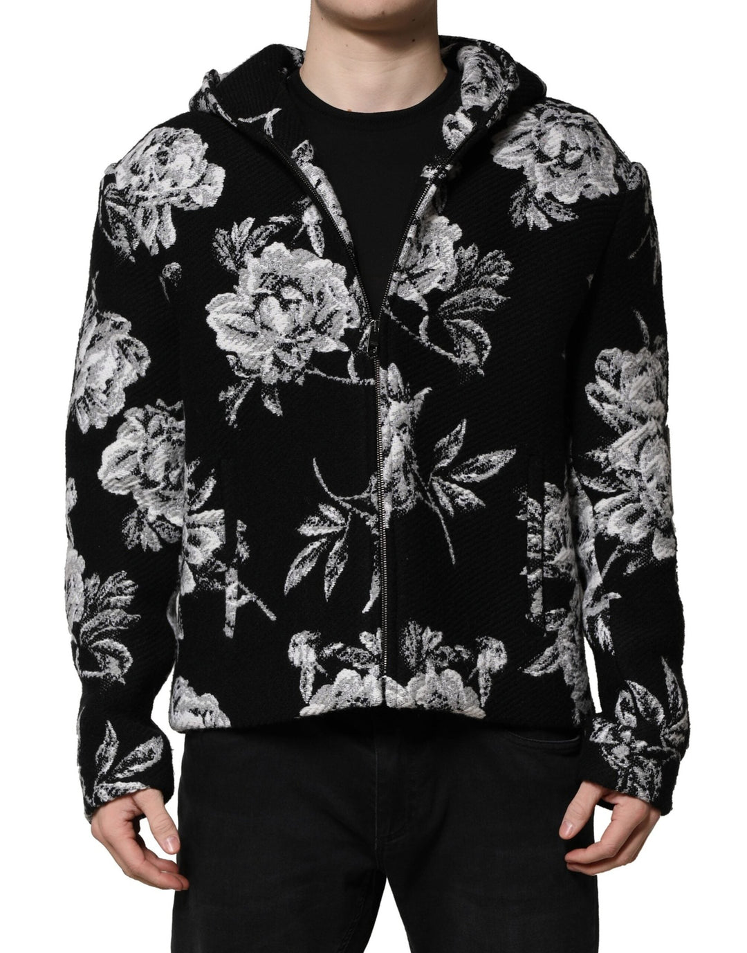 Men’s Dolce &amp; Gabbana Black Wool Floral Printed Men Hooded Jacket