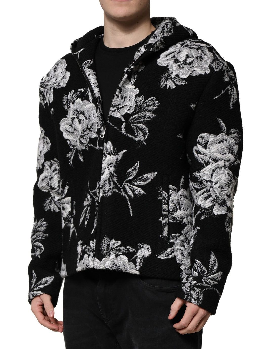 Men’s Dolce &amp; Gabbana Black Wool Floral Printed Men Hooded Jacket