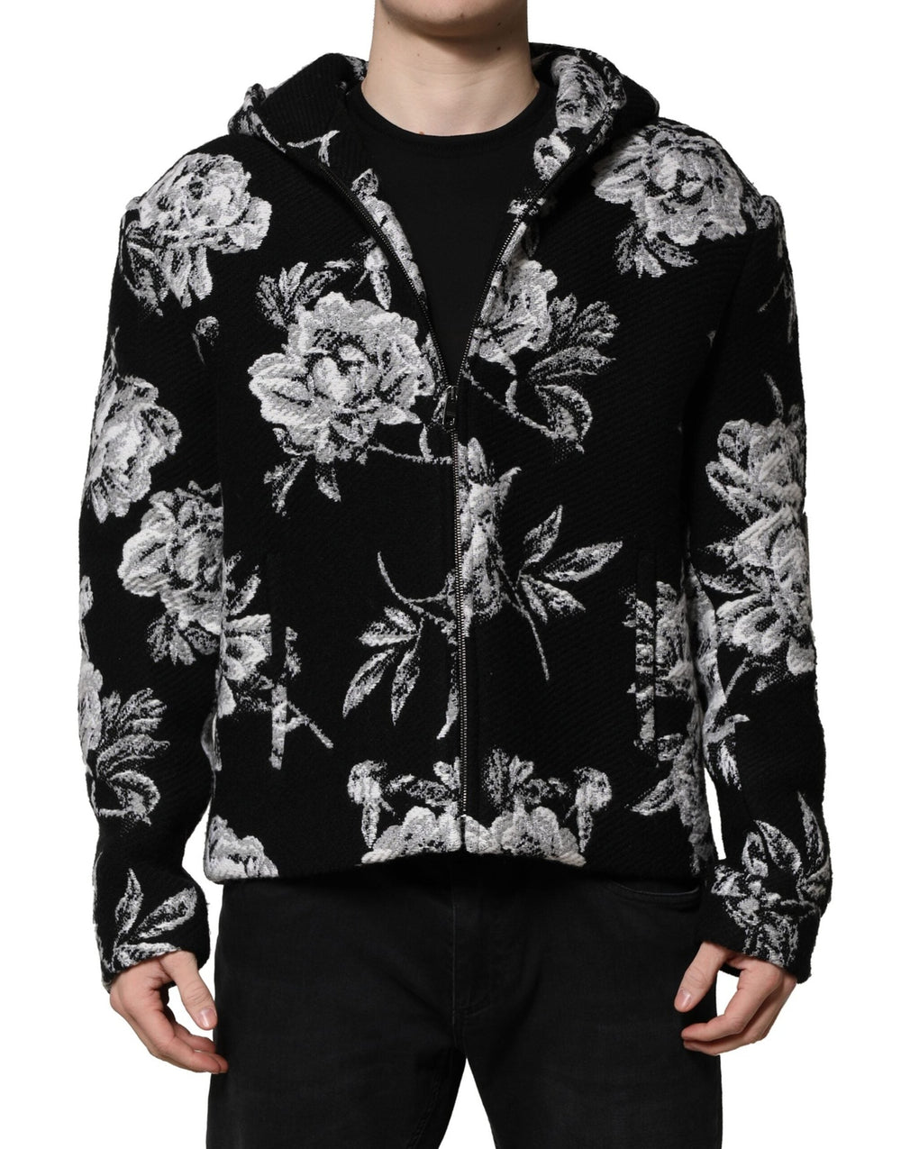 Men’s Dolce & Gabbana Black Wool Floral Printed Men Hooded Jacket