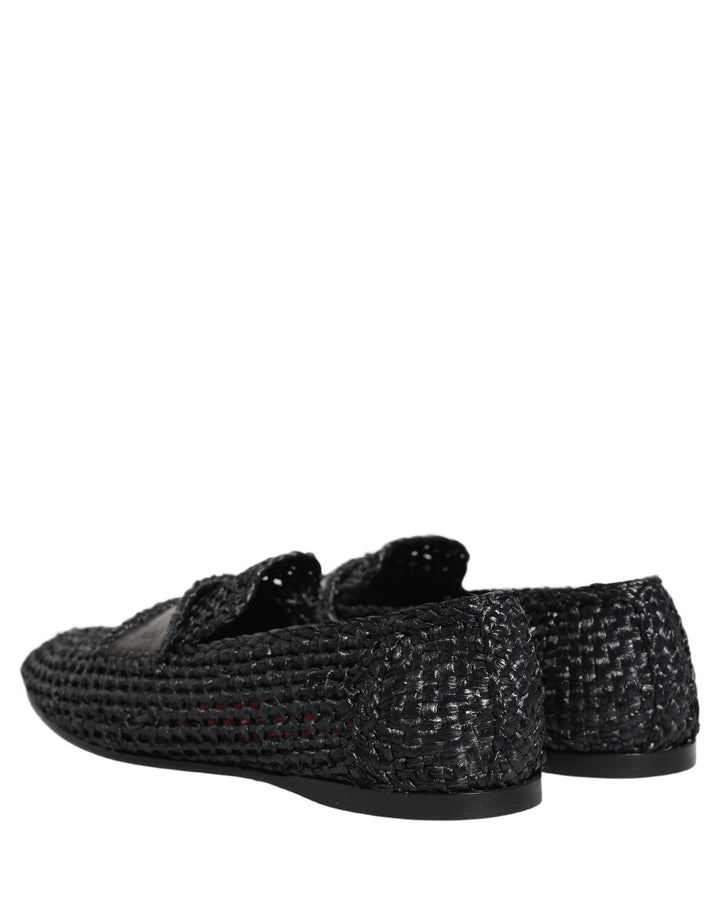 Men’s Dolce &amp; Gabbana Black Woven Raffia Slip on Loafers Shoes
