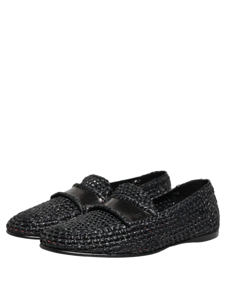 Men’s Dolce &amp; Gabbana Black Woven Raffia Slip on Loafers Shoes