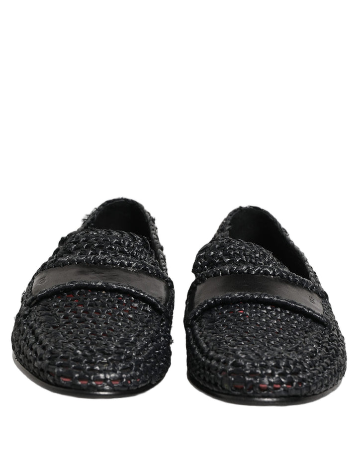 Men’s Dolce &amp; Gabbana Black Woven Raffia Slip on Loafers Shoes