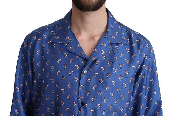 Dolce &amp; Gabbana Blue Beach Chair Umbrella Print Silk Shirt
