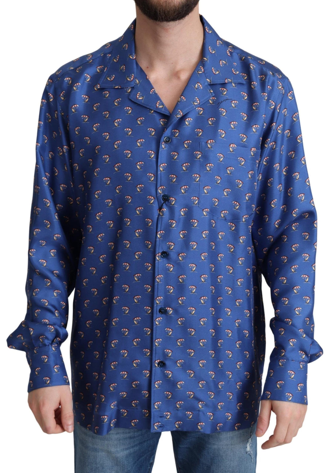 Dolce &amp; Gabbana Blue Beach Chair Umbrella Print Silk Shirt