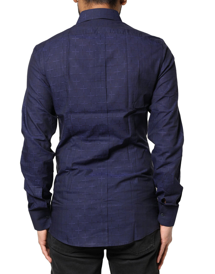 Men’s Dolce &amp; Gabbana Blue Check Tartan Gold Formal Dress Shirt