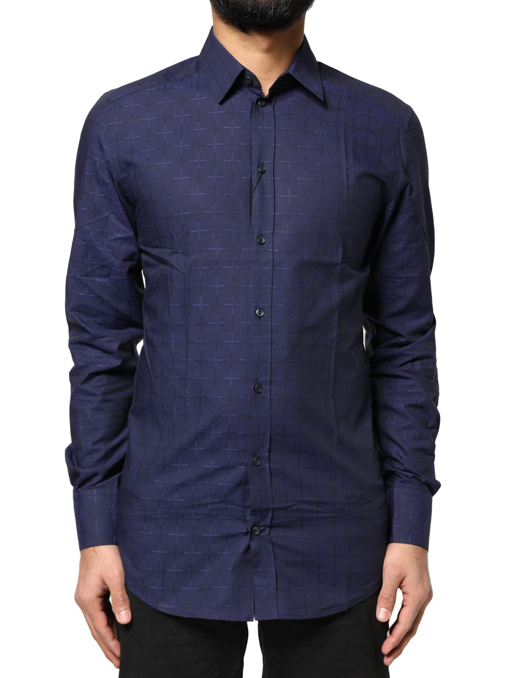Men’s Dolce &amp; Gabbana Blue Check Tartan Gold Formal Dress Shirt