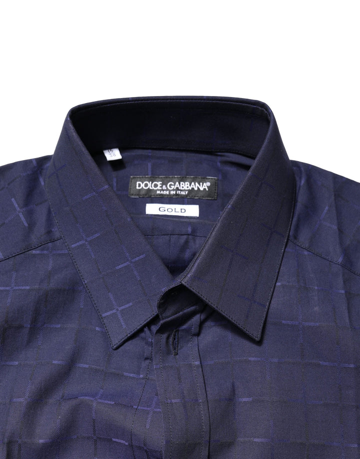 Men’s Dolce &amp; Gabbana Blue Check Tartan Gold Formal Dress Shirt