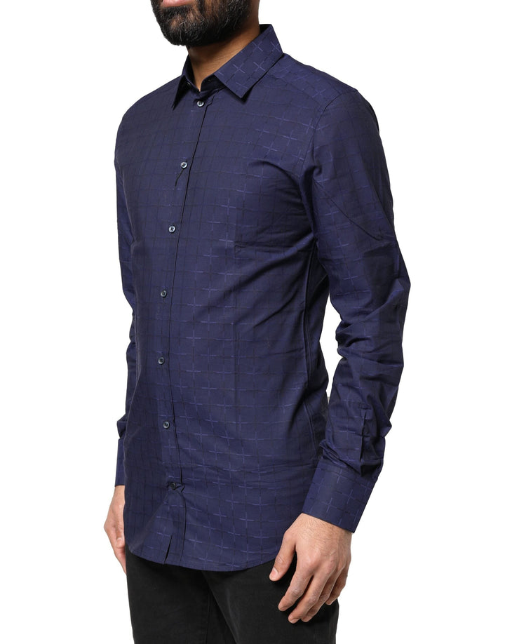 Men’s Dolce &amp; Gabbana Blue Check Tartan Gold Formal Dress Shirt